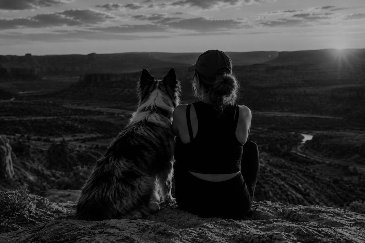 A person and a dog sit together overlooking a vast mountain valley landscape at sunset in black and white